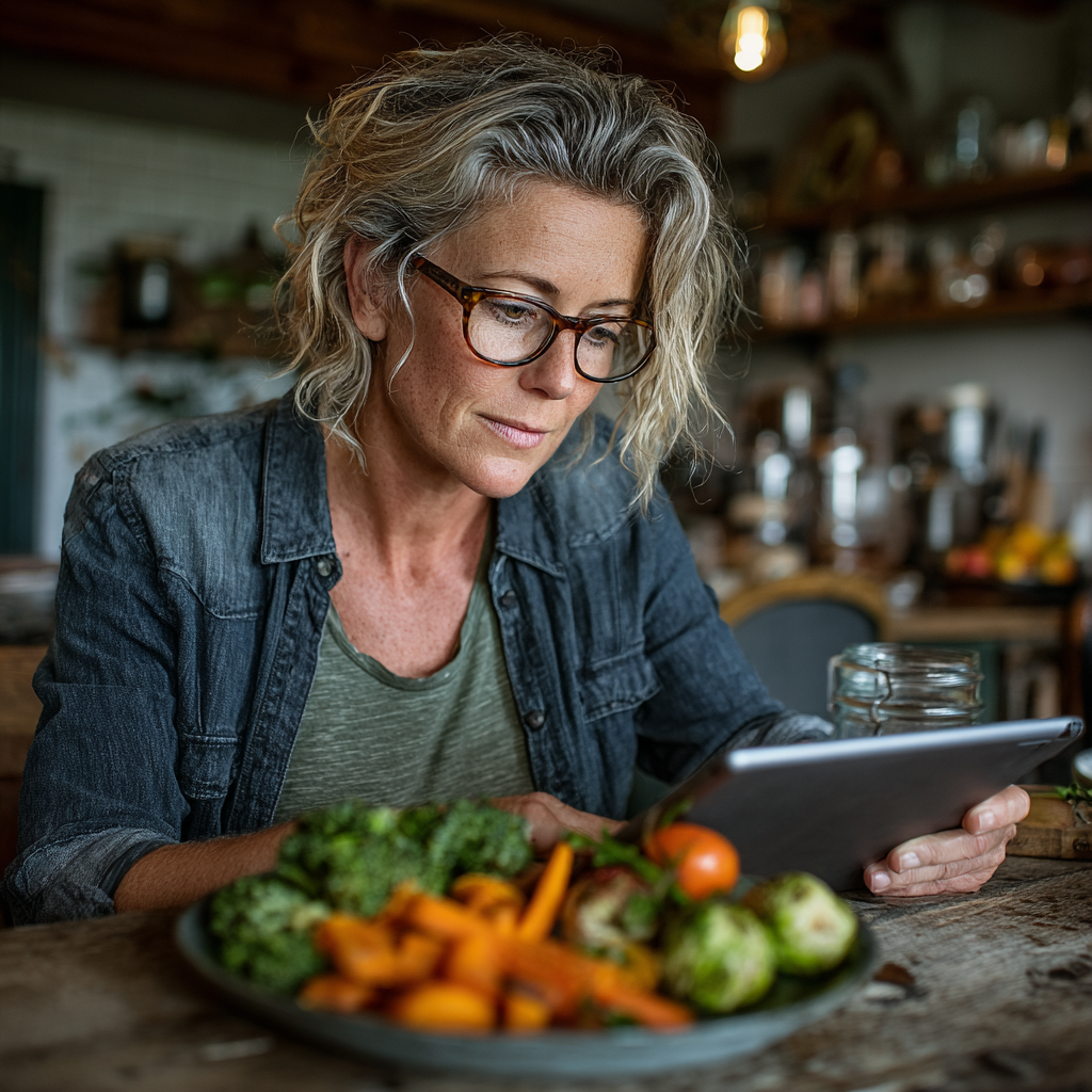 Жінка 52 років сидить за столом з планшетом, вивчаючи персональний план харчування, поруч тарілка зі збалансованою їжею