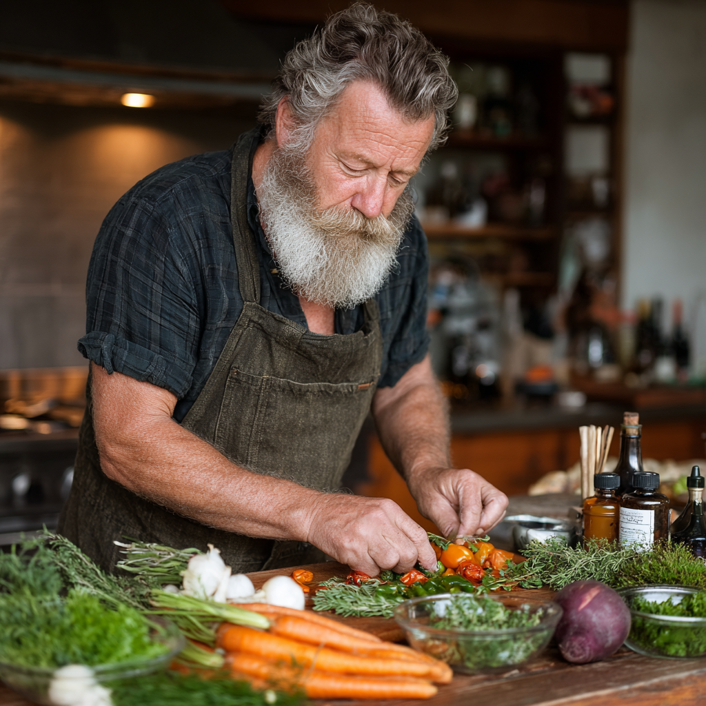 Чоловік 58 років готує здорову їжу на кухні, розкладаючи свіжі овочі та зелень відповідно до персонального плану харчування