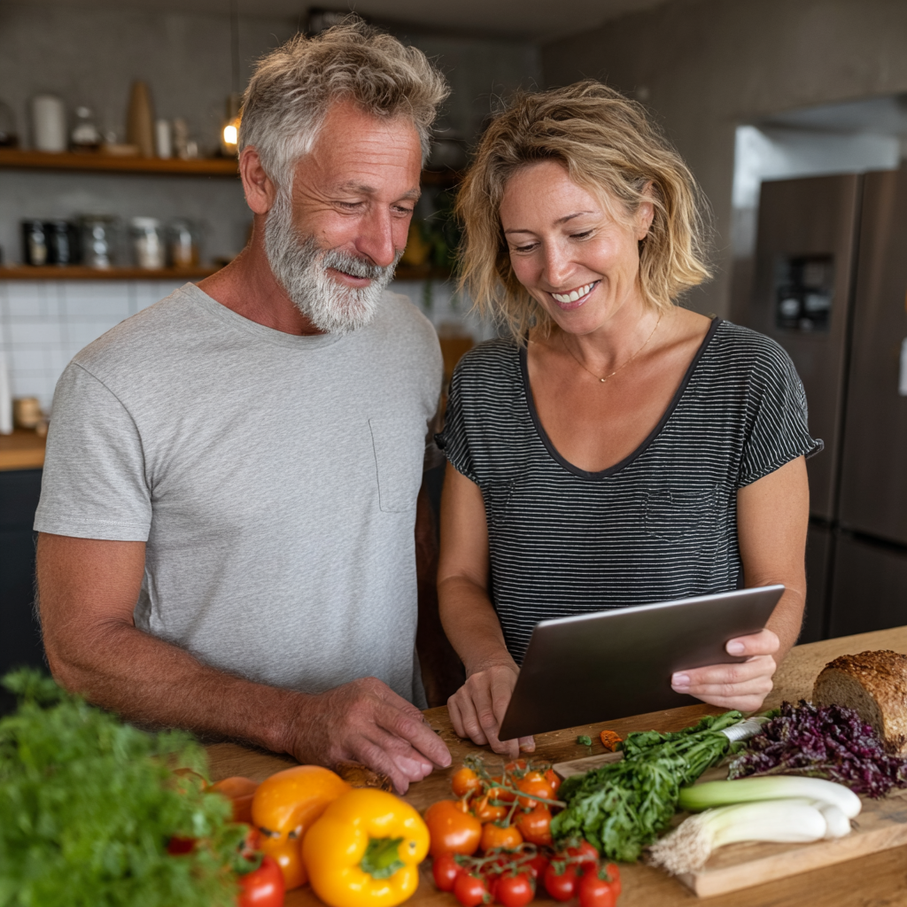 Подружжя віком близько 55 років разом готує здорову їжу, усміхаючись та тримаючи планшет з додатком для планування харчування
