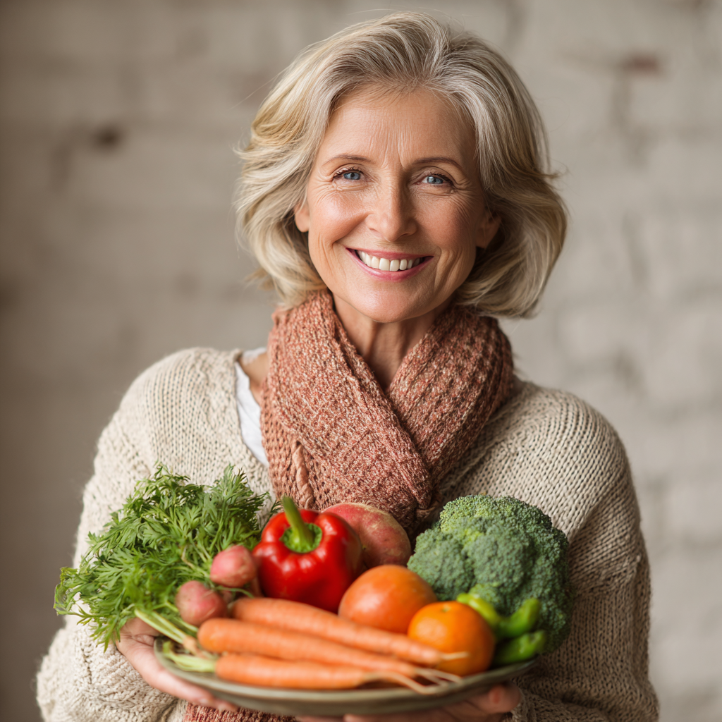 Усміхнена жінка 55 років тримає в руках тарілку зі здоровою їжею та овочами, демонструючи радість від правильного харчування